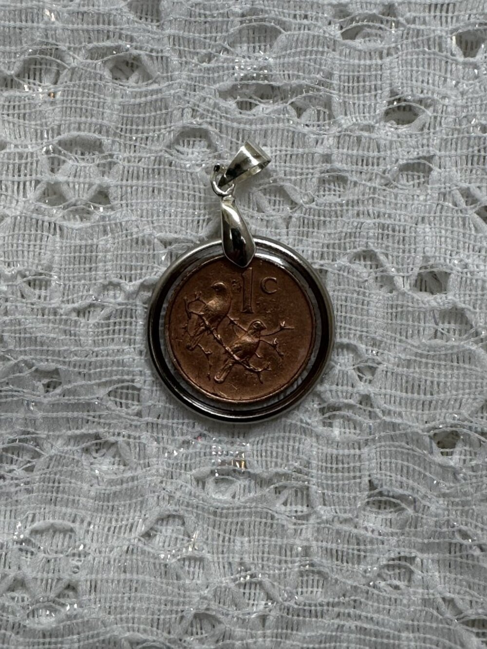 1968 South Africa 1 Cent Coin Resin Pendant Necklace, Cape Sparrow Bird